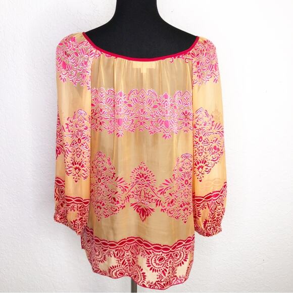 Hale Bob orange and pink sheer floral silk top size Large - Picture 16 of 16